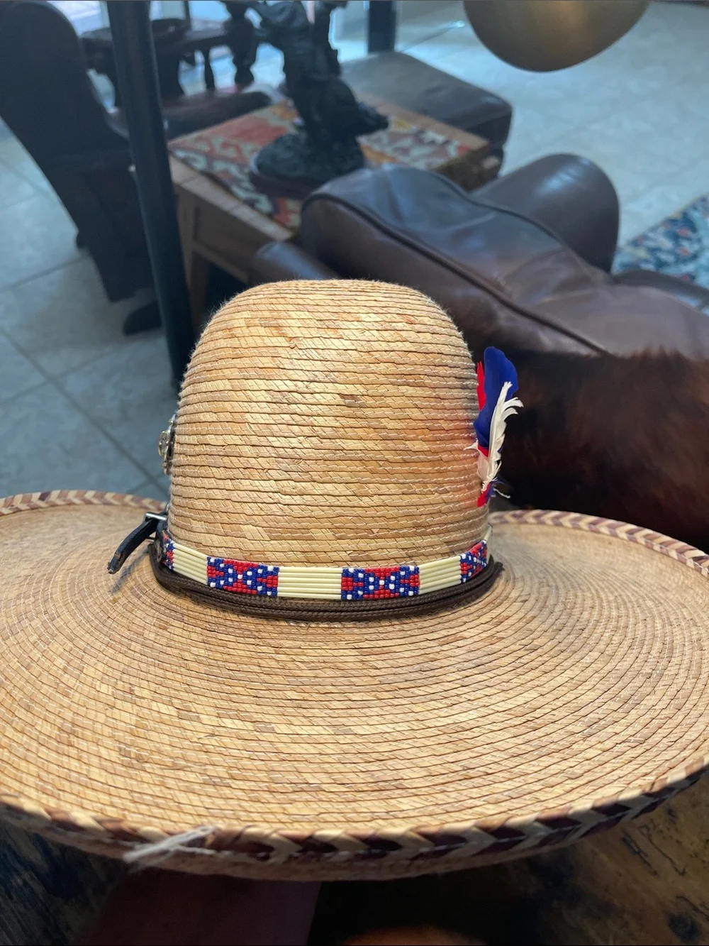 Women’s Straw Cowboy Hat with Red, Blue & White Feather - Patriotic Choncho